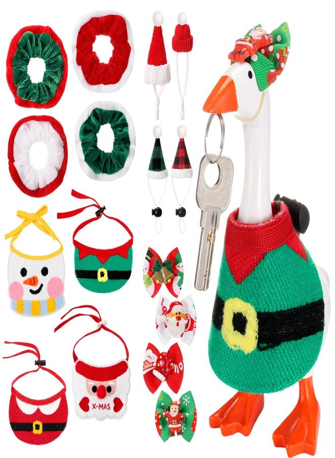 FineCheer 16 Pcs Christmas Mini Desk Goose Outfit Xmas Santa Elf Snowman Costume with Bandana Hats Headwear Bow Ties and Dress Clothes for Xmas Gift Magnetic Duck Toy Table Key Holder Decor - Image 1